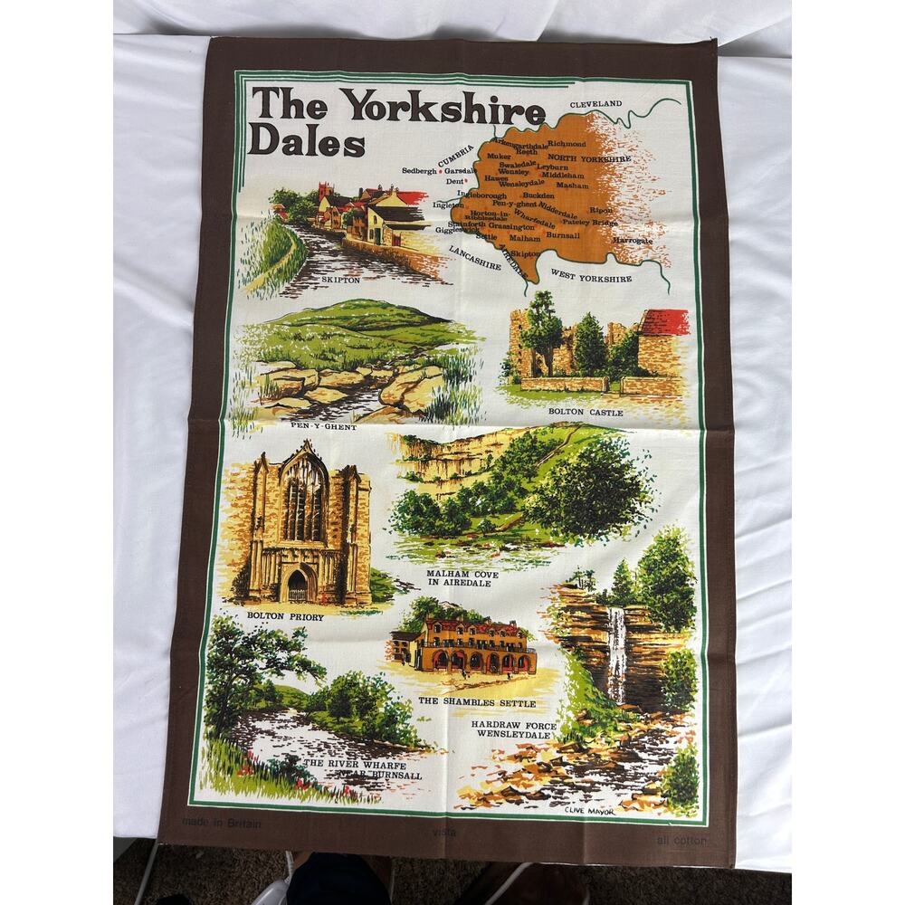 Vintage Yorkshire Dales Tea Towel Map England Cotton Clive Mayor